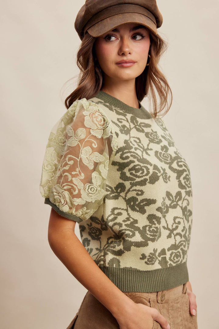 Women's Short Sleeve - Rose Embroidered Contrast Knit Top - - Cultured Cloths Apparel