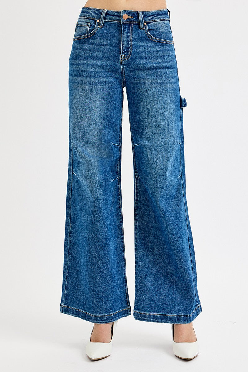 Denim - RISEN Full Size High Rise Wide Leg Patch Detailed Jeans Plus Size - DARK - Cultured Cloths Apparel