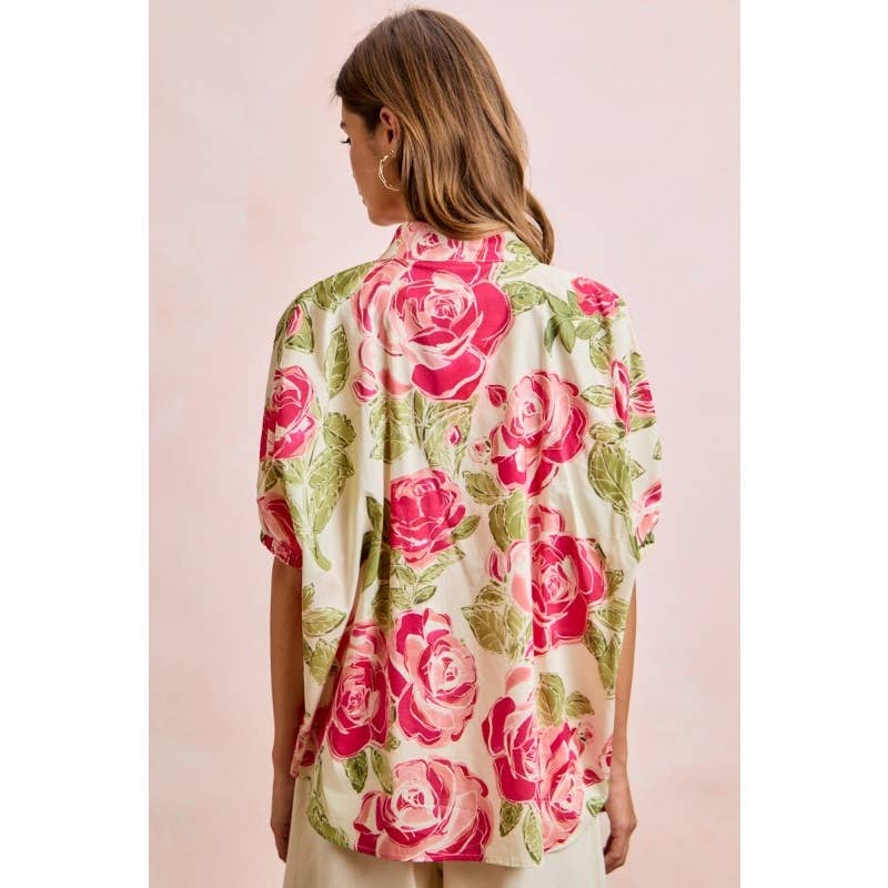 Women's Short Sleeve - Floral Contrast Banded Dolman Sleeves Blouse Top - - Cultured Cloths Apparel