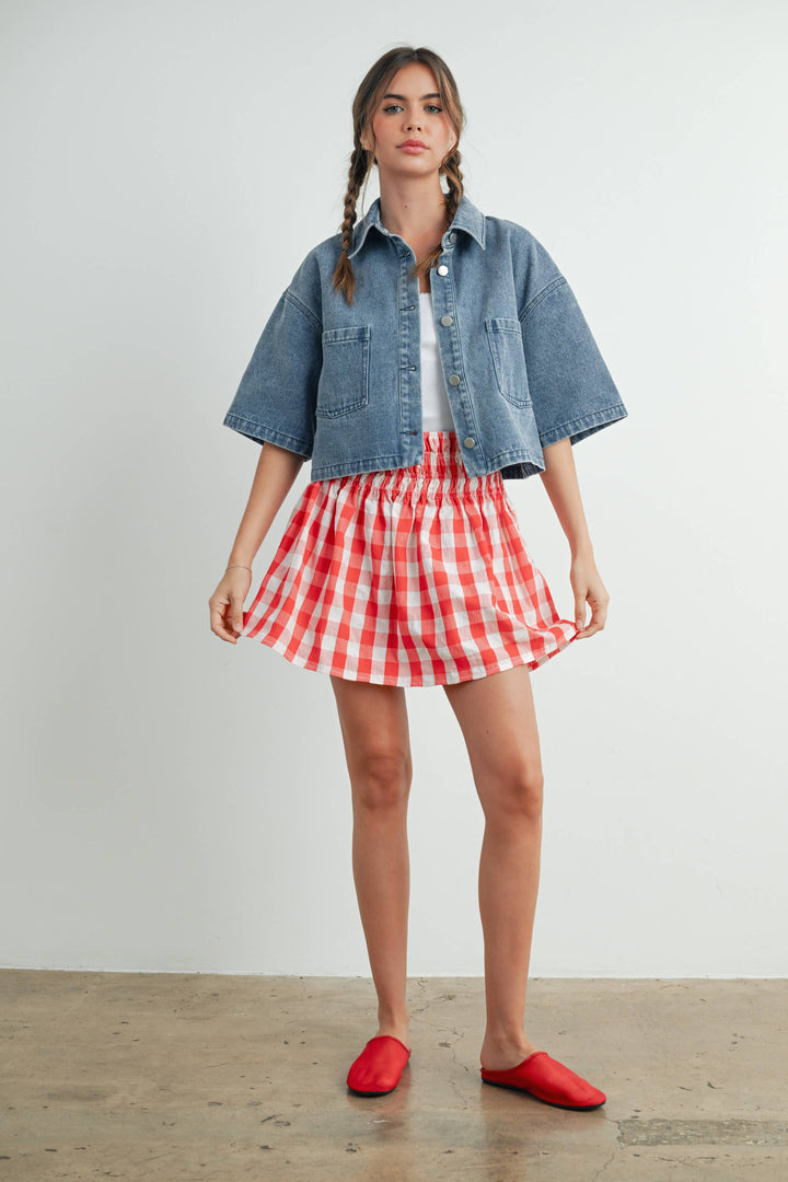Women's Short Sleeve - Button Front Cropped Shirt - DENIM - Cultured Cloths Apparel