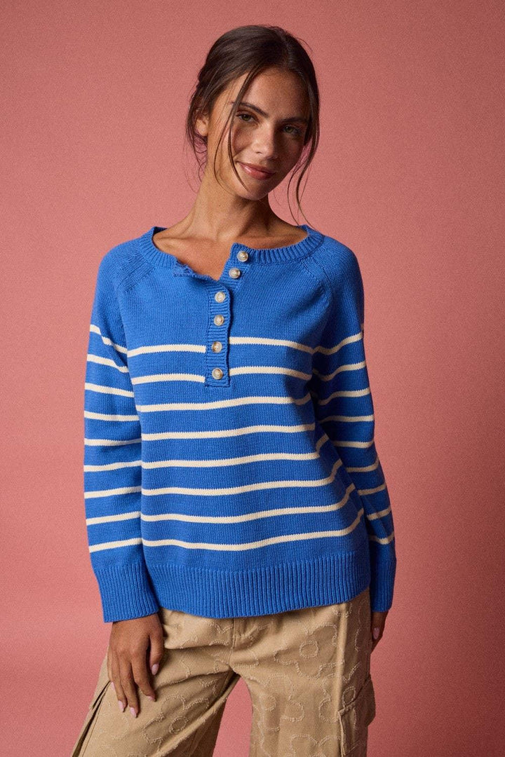Women's Sweaters - Knit Henley Placket Striped Sweater Top - - Cultured Cloths Apparel