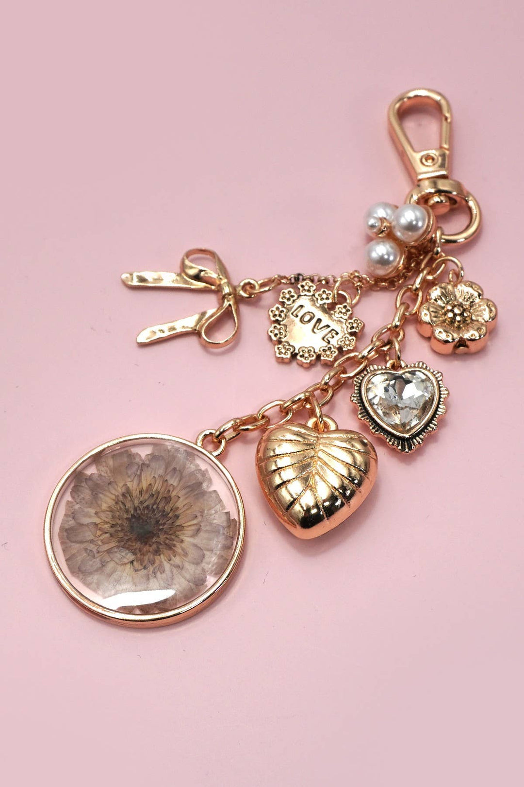 Accessories - BAG CHARM-DRIED FLOWER BOW HEART PEARL | 80K036 - GOLD - Cultured Cloths Apparel