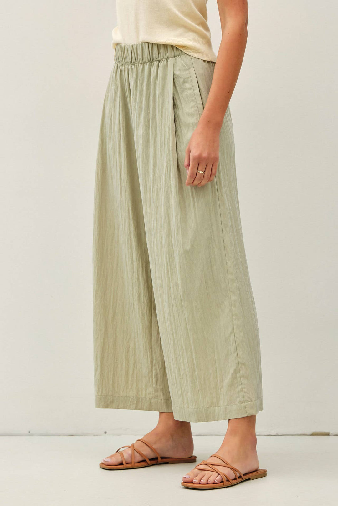 Pants - CRINKLED WIDE LEG CROPPED PULL ON PANTS - SAGE - Cultured Cloths Apparel