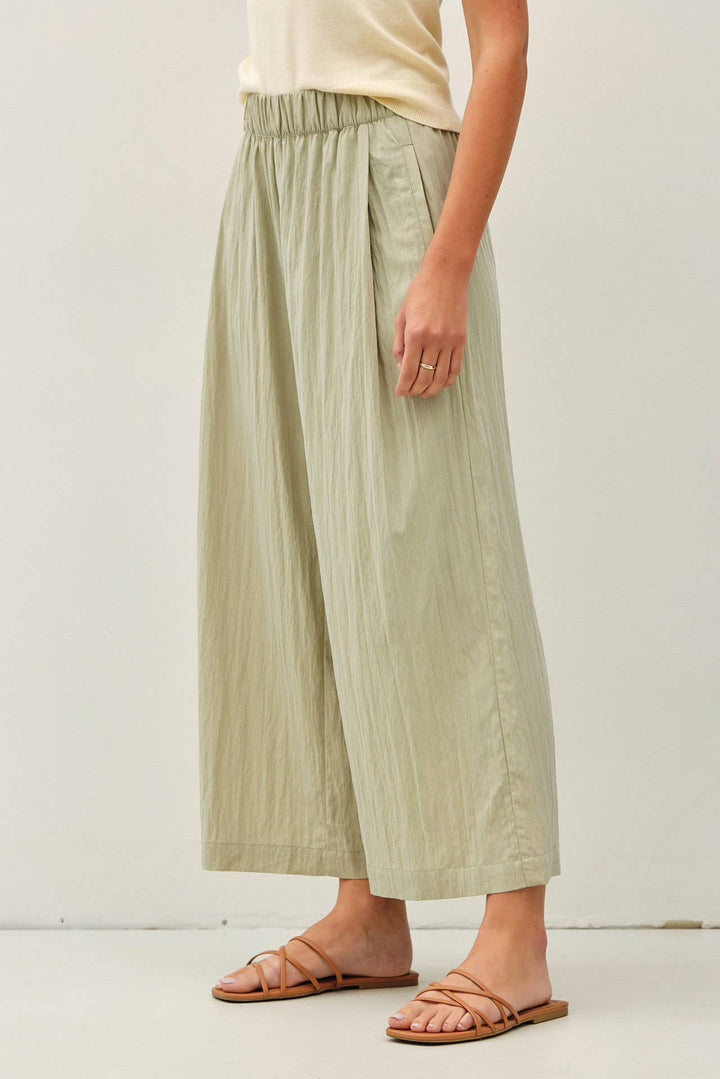 Pants - CRINKLED WIDE LEG CROPPED PULL ON PANTS - SAGE - Cultured Cloths Apparel