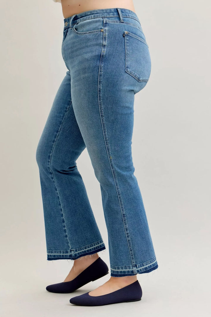 Denim - Judy Blue Full Size Mid Rise Slim Bootcut Tummy Control Release Hem Jeans Plus Size - - Cultured Cloths Apparel