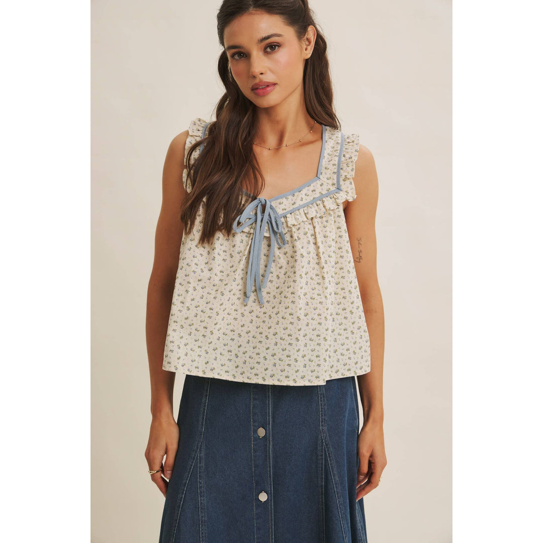 Women's Sleeveless - ANTIQUE MEADOW CONTRAST BINDING FLORAL RUFFLED BLOUSE TOP - - Cultured Cloths Apparel