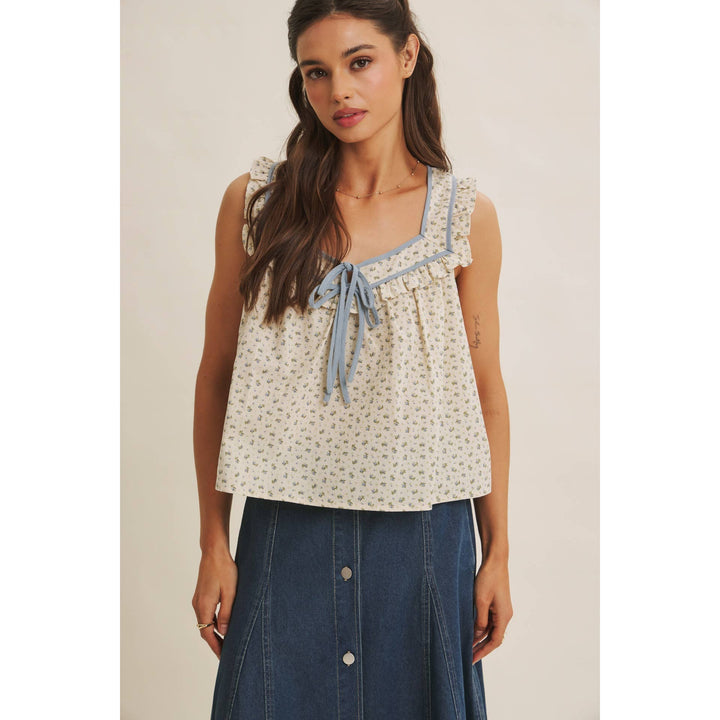 Women's Sleeveless - ANTIQUE MEADOW CONTRAST BINDING FLORAL RUFFLED BLOUSE TOP - - Cultured Cloths Apparel