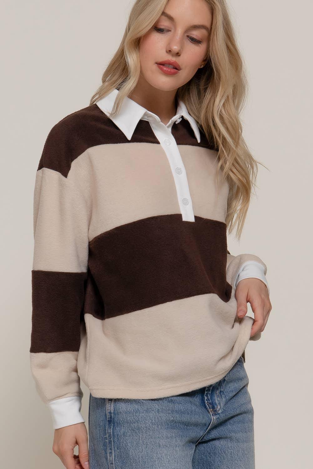 Women's Long Sleeve - Long Sleeve Rugby Stripe Fleece Polo Top - cream/brown - Cultured Cloths Apparel