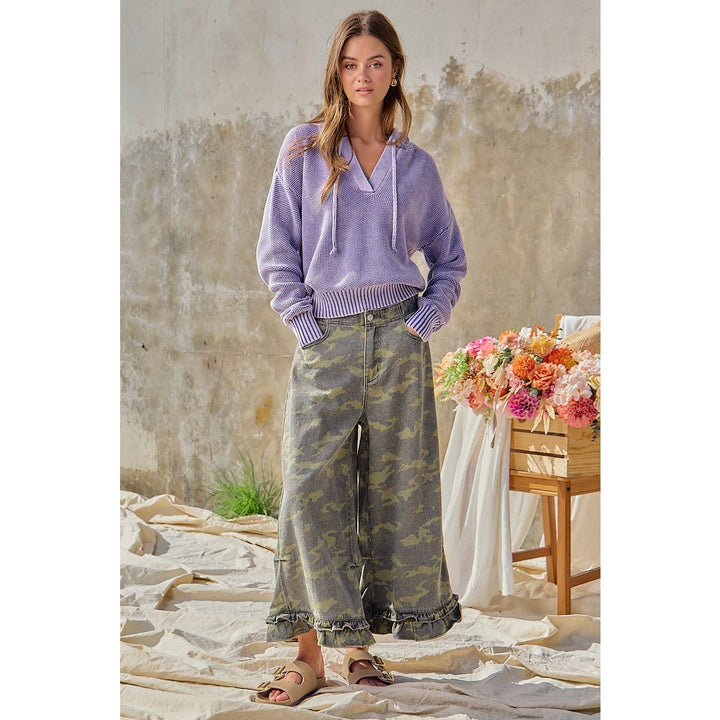 Pants - CAMOUFLAGE DENIM RUFFLED HEM MID RISE PANTS - - Cultured Cloths Apparel