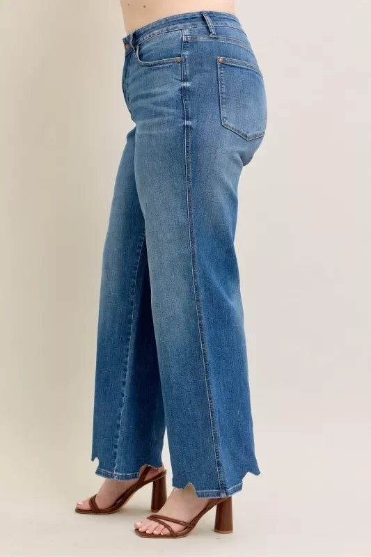 Denim - Judy Blue Full Size High Waist Tummy Control Chew Hem Destroy Wide Jeans Plus Size - - Cultured Cloths Apparel