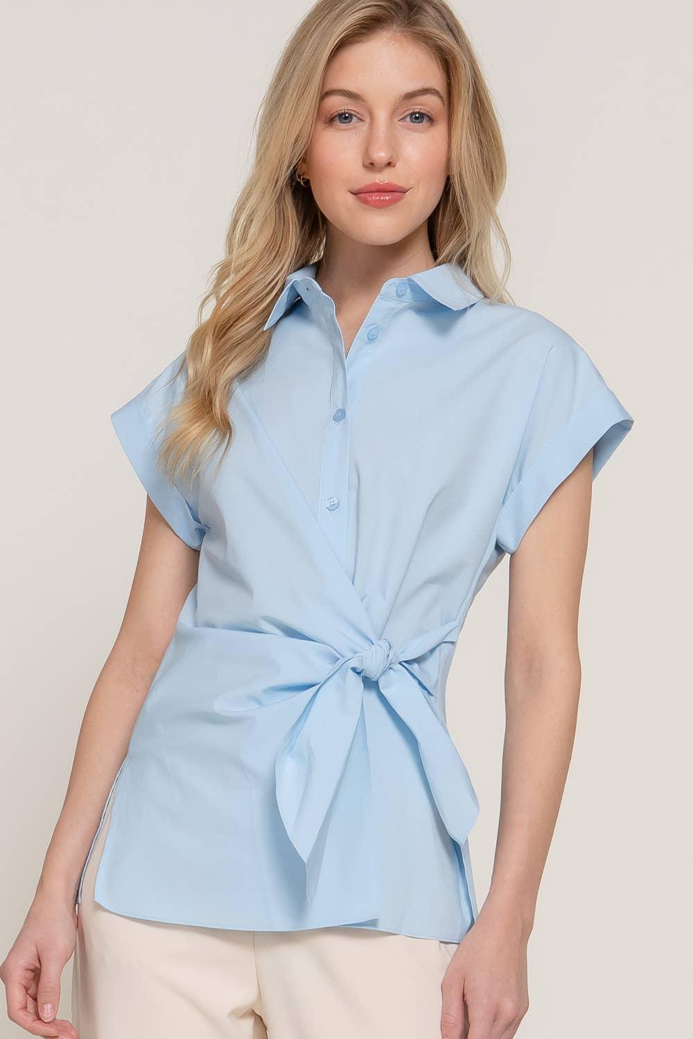 Women's Short Sleeve - Short Dolman Sleeve Button Down Side Knot Poplin Shirt - - Cultured Cloths Apparel