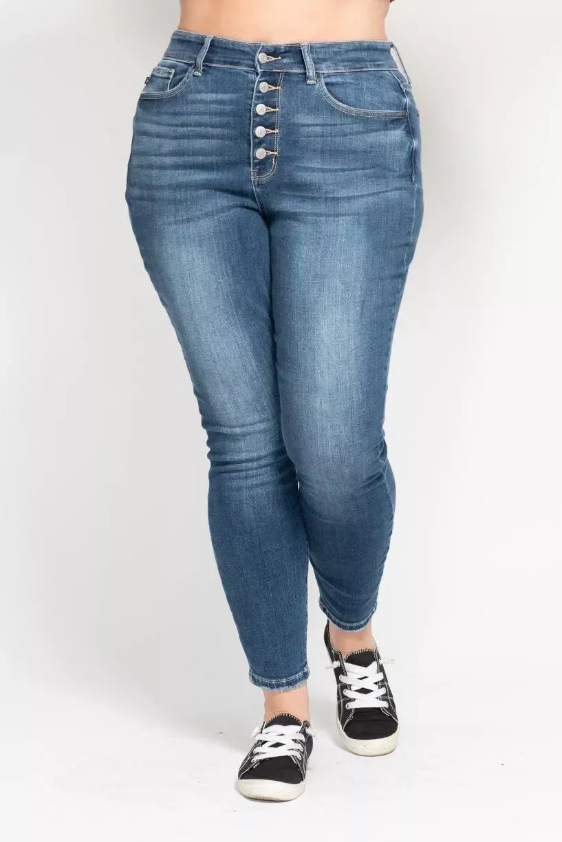 Denim - Judy Blue Full Size High Rise Button Fly Skinny Jeans Plus Size - - Cultured Cloths Apparel