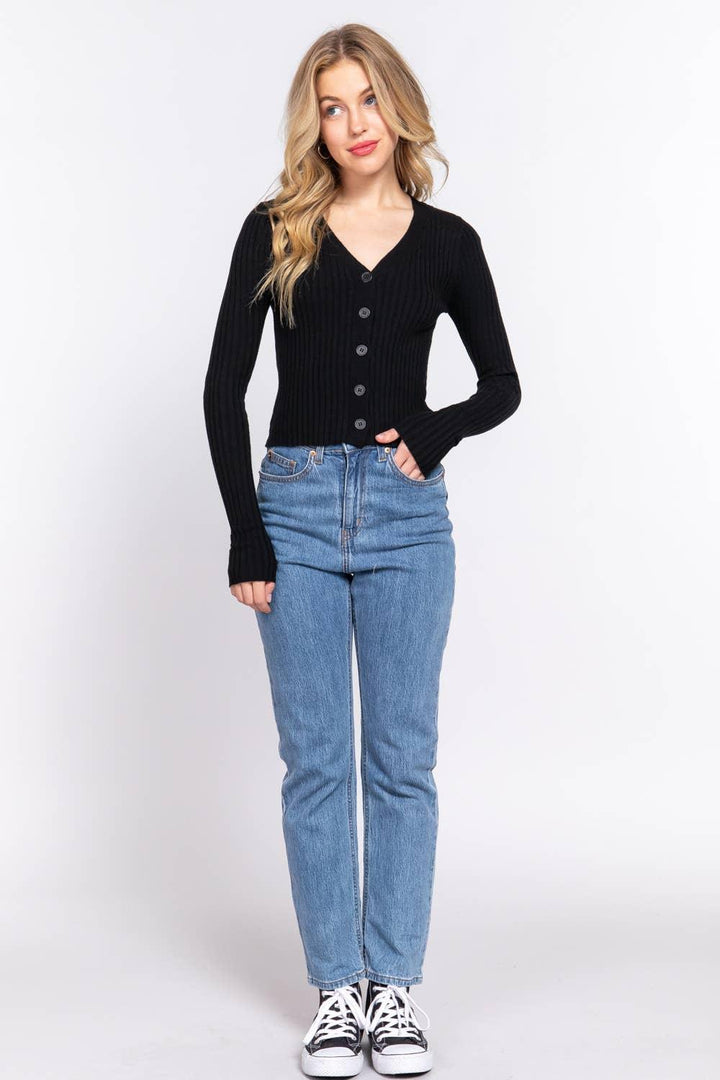 Women's Sweaters - Long Sleeve V-neck Fitted Sweater Cardigan - - Cultured Cloths Apparel