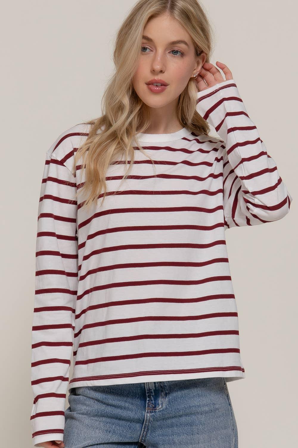Women's Long Sleeve - Long Sleeve Round Neck Neck Stripe Tee - - Cultured Cloths Apparel