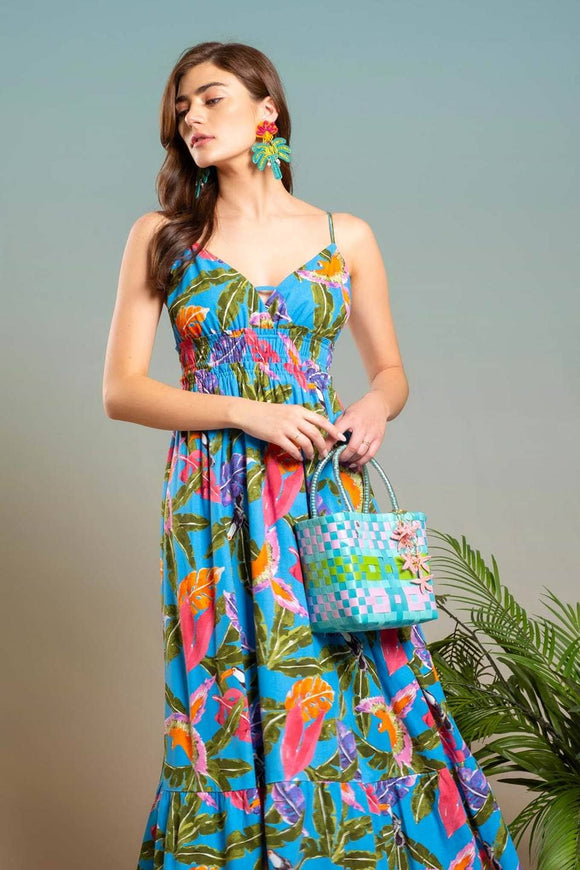 Women's Dresses - TRIPICAL PRINT V NECK MIDI DRESS - BLUE MULTI - Cultured Cloths Apparel