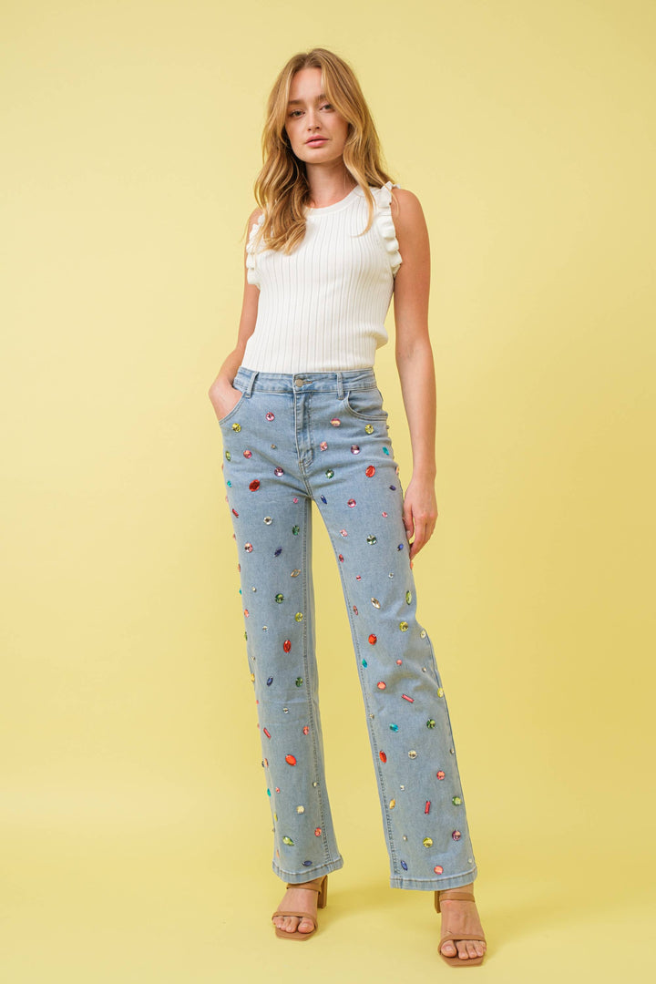 Denim - 23989P Mid Rise Rainbow Jewel Embellished Denim Jeans - - Cultured Cloths Apparel
