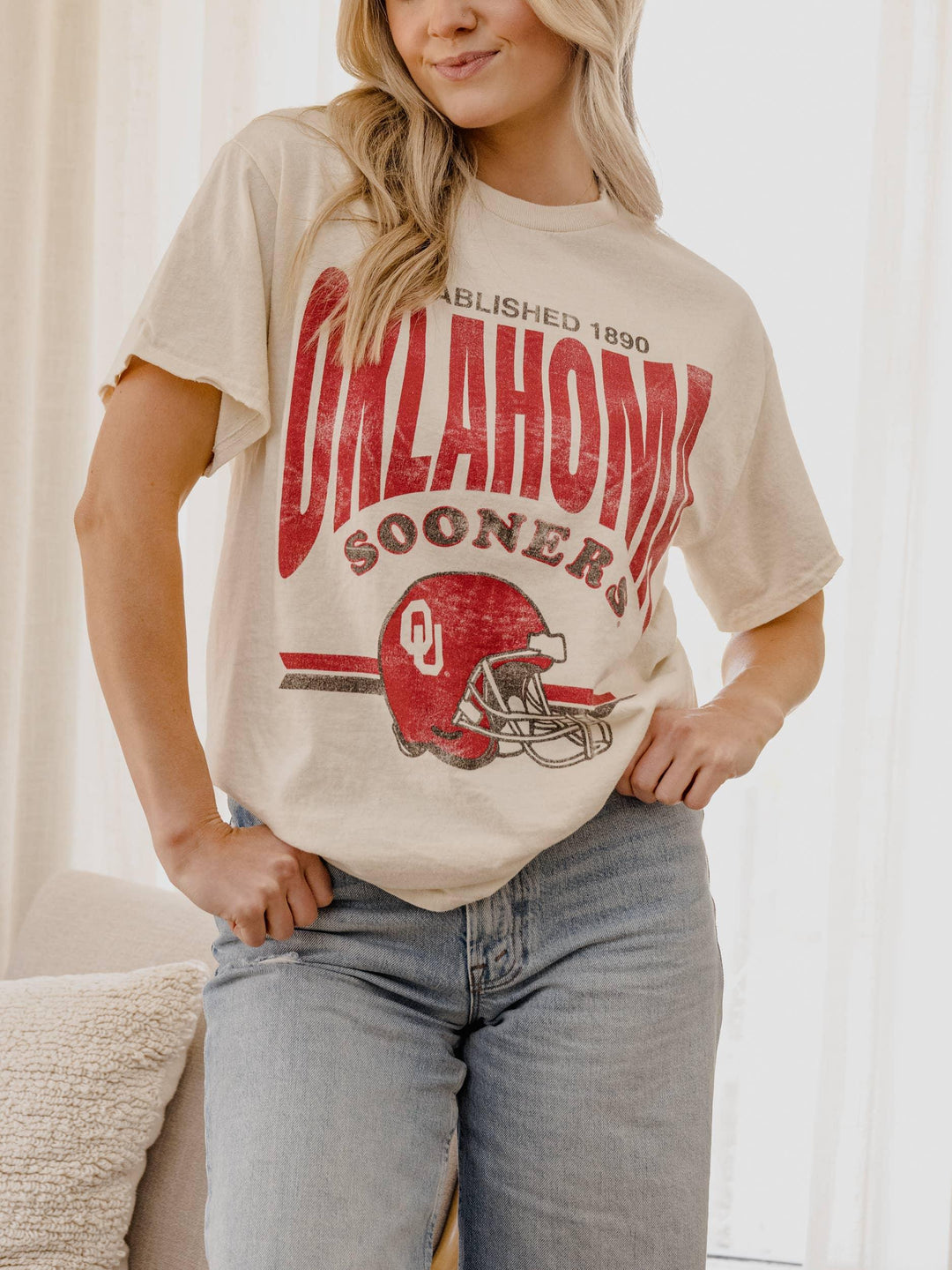 Graphic T-Shirts - OU Sooners Established Date Helmet Off White Thrifted Tee -  - Cultured Cloths Apparel