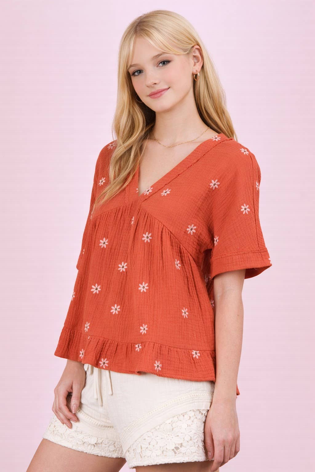 Flower Embroidered Woven Blouse Top