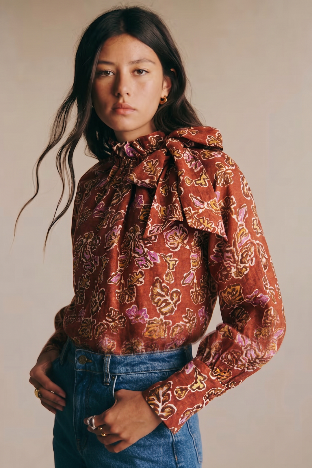 Ruffle Tie Neck Long Sleeve Print Blouse