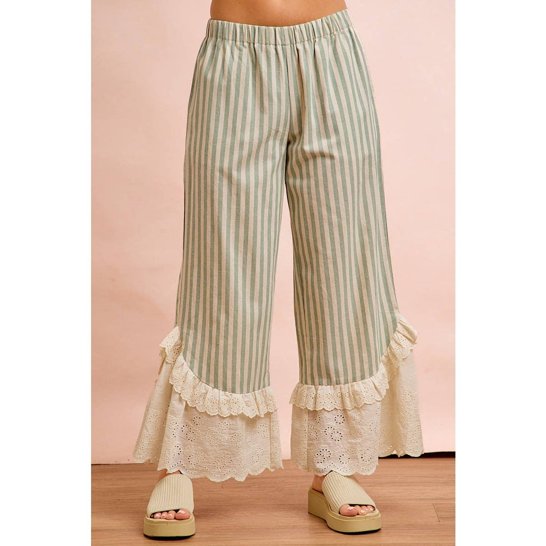Pants - STRIPE WOVEN RUFFLED LACE HEM PANTS WITH SIDE POCKET - - Cultured Cloths Apparel