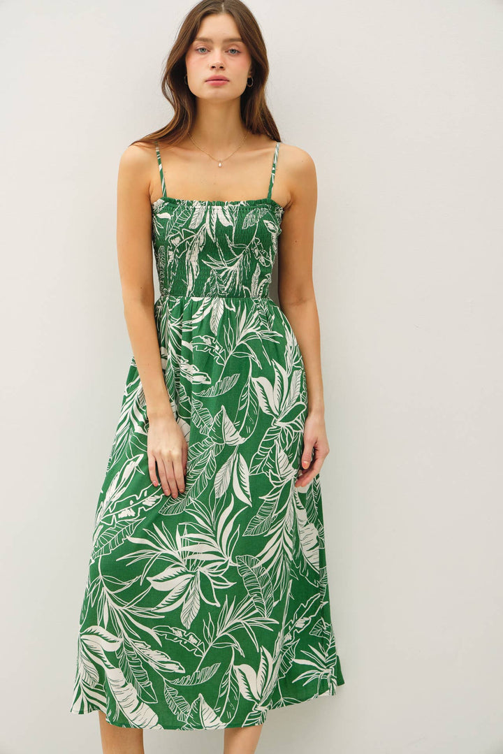SMOCKED PRINTED MIDI DRESS