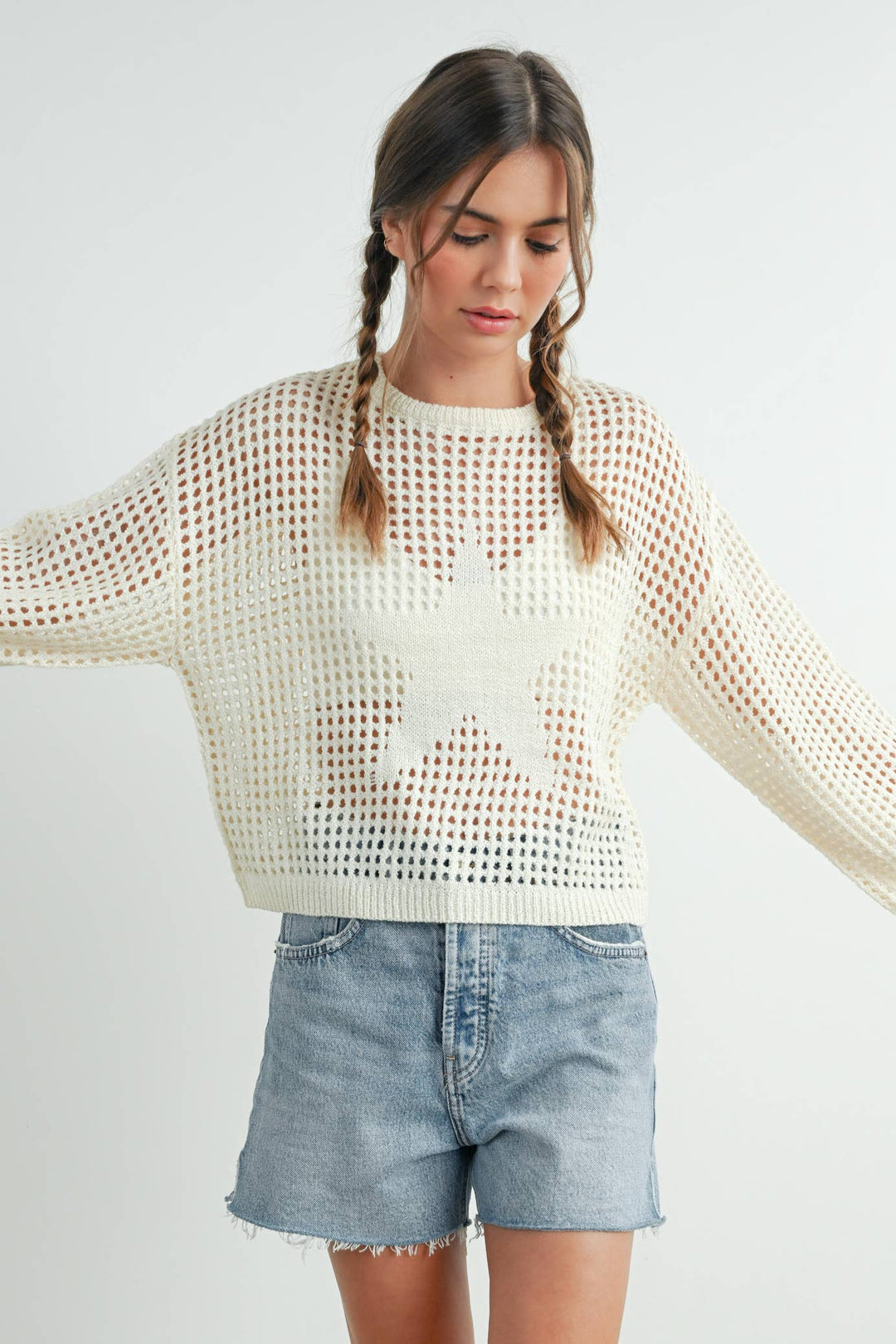 Women's Sweaters - Star Crew Neck Crochet Sweater - - Cultured Cloths Apparel
