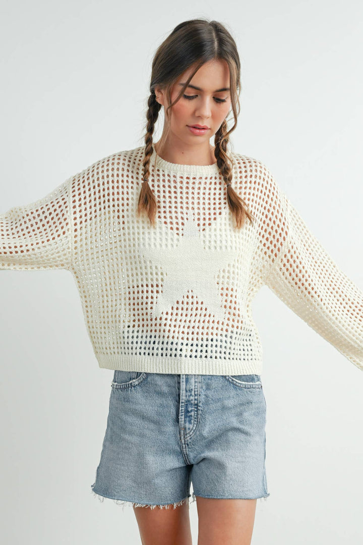 Women's Sweaters - Star Crew Neck Crochet Sweater - - Cultured Cloths Apparel