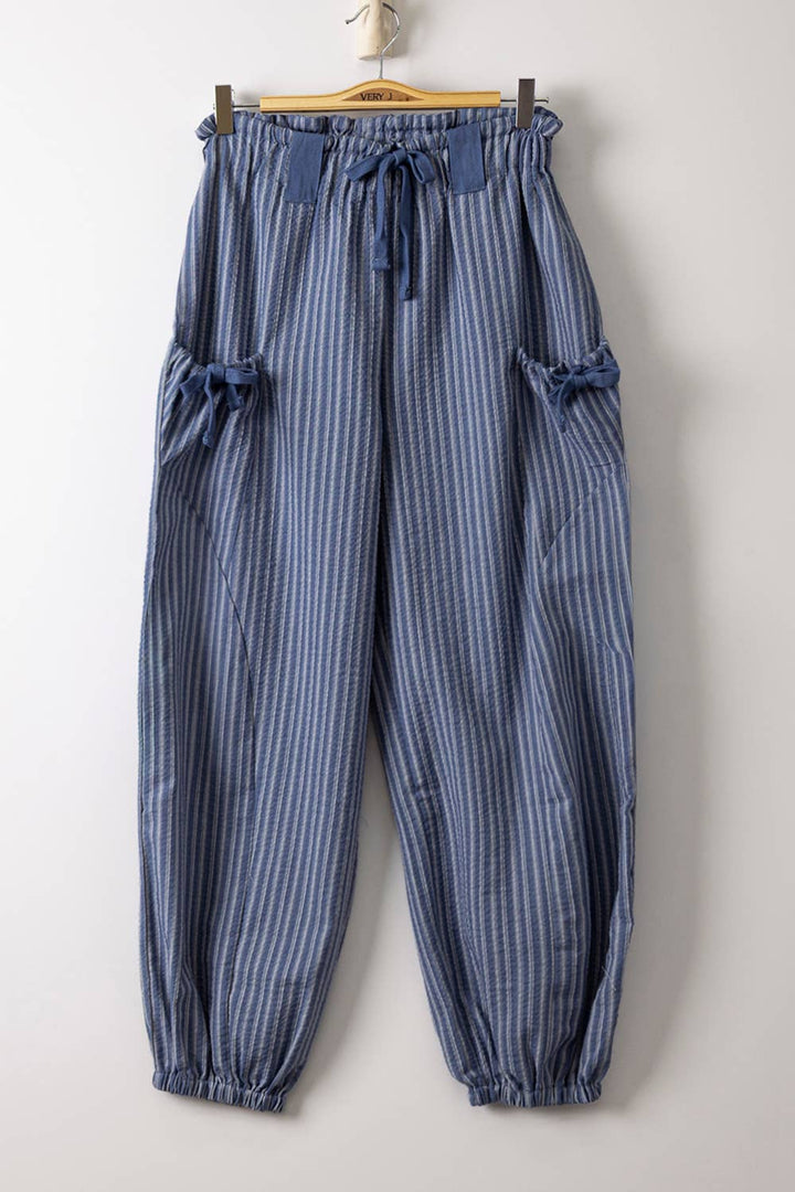 Pants - NP71004-Bow Detail Stripe Textured Woven Pants - - Cultured Cloths Apparel