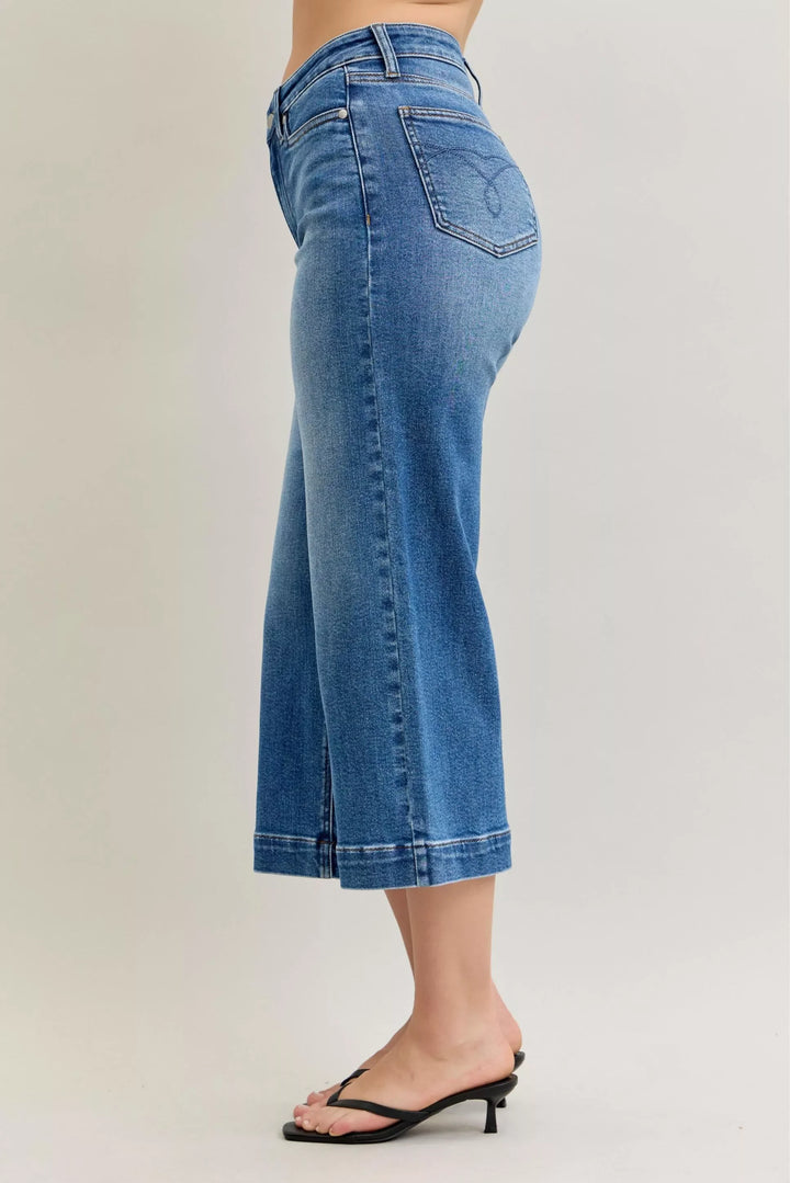 Denim - Judy Blue Mid Rise Crop Wide Leg Jeans - - Cultured Cloths Apparel