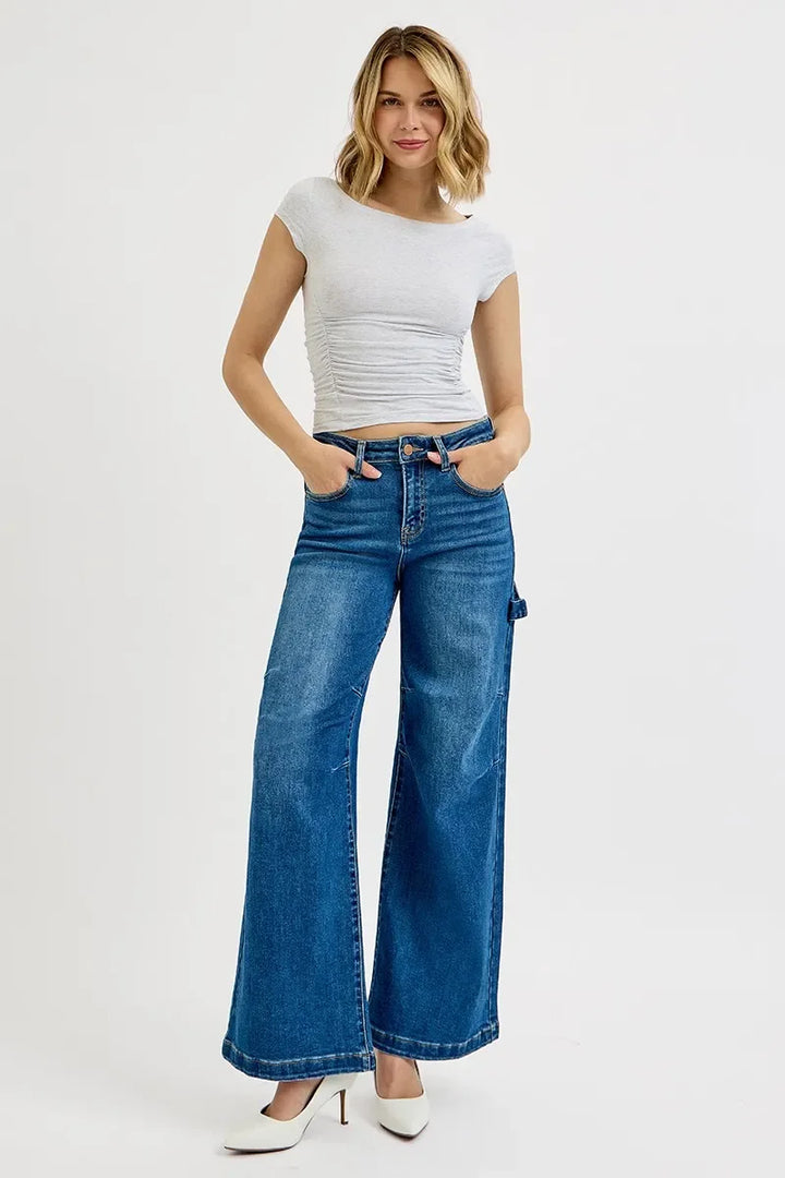 Denim - RISEN Full Size High Rise Wide Leg Patch Detailed Jeans Plus Size - - Cultured Cloths Apparel