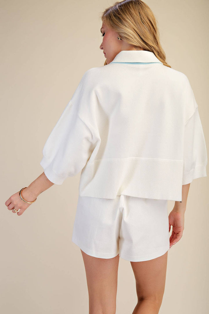 Nude Collar With Contrast Trim Loose Fit Dropped Shoulder Sweater