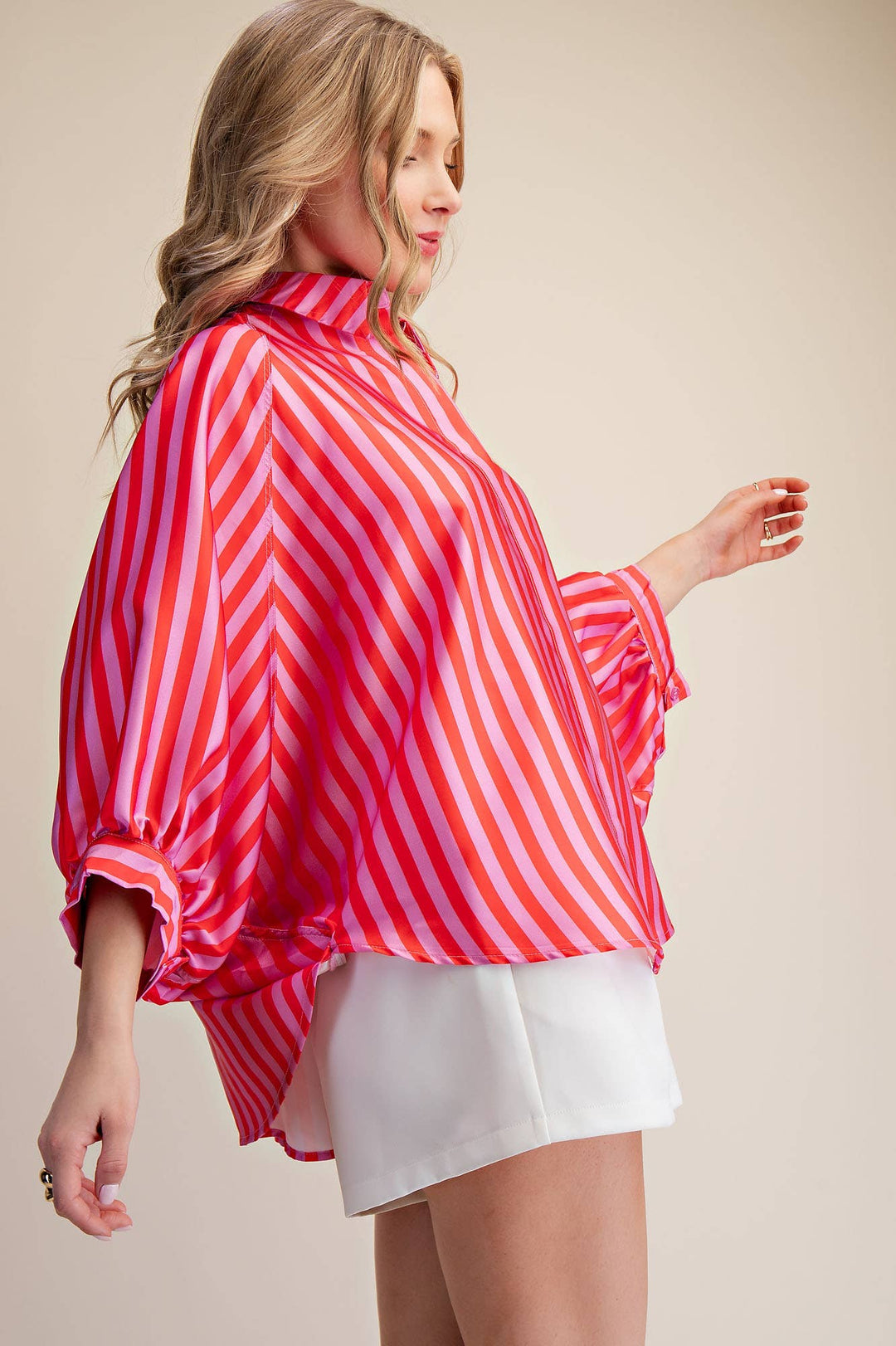 Women's 3/4 Sleeve - Balloon Dolman Sleeve Button Front Oversized Shirt - - Cultured Cloths Apparel