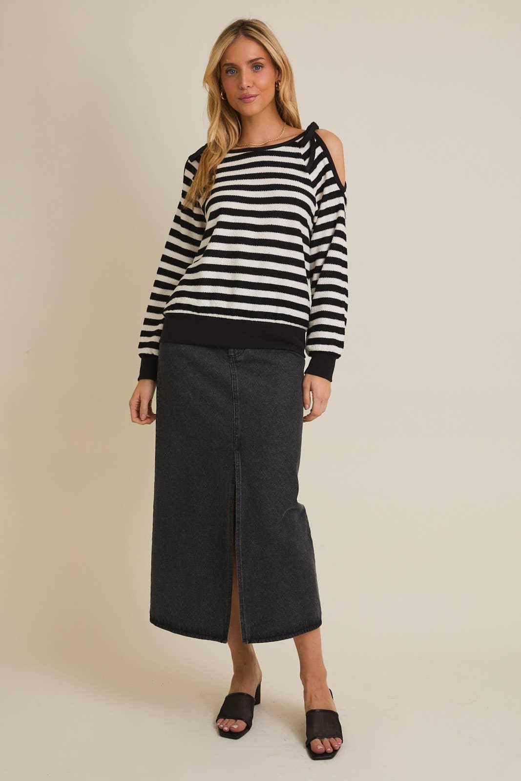 Women's Long Sleeve - ROUND NECK SHOULDER CUT-OUT TIE LONG SLEEVE STRIPE TOP - - Cultured Cloths Apparel