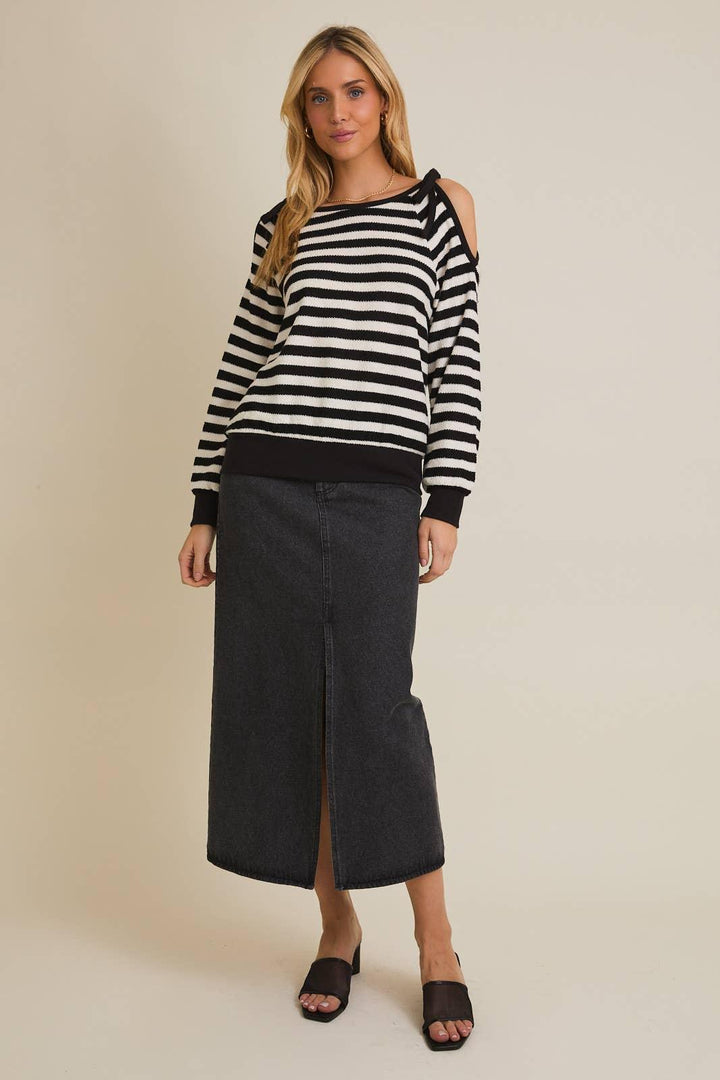 Women's Long Sleeve - ROUND NECK SHOULDER CUT-OUT TIE LONG SLEEVE STRIPE TOP - - Cultured Cloths Apparel