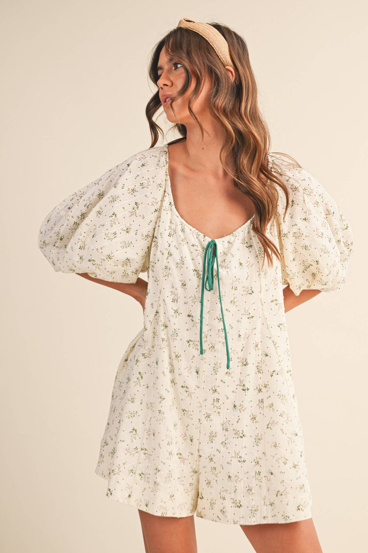 Women's Rompers - FLORAL SWISS DOT OVERSIZED PUFF SLEEVE ROMPER - - Cultured Cloths Apparel