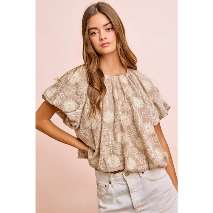 Women's Short Sleeve - FLOWER EMBROIDERED SHIRRED NECKLINE BUBBLE HEM TOP - - Cultured Cloths Apparel