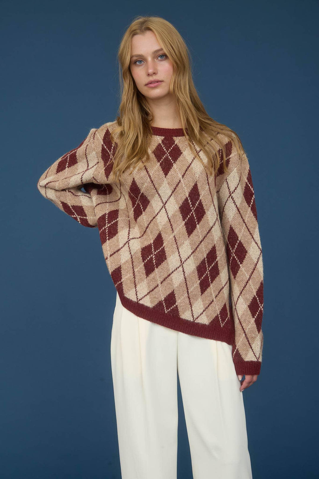 Women's Sweaters - ARGYLE PATTERN CREW NECK LONG SLEEVE KNIT SWEATER - BURGUNDY MULTI - Cultured Cloths Apparel