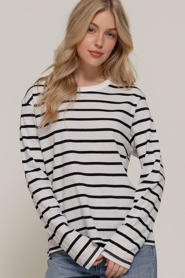 Women's Long Sleeve - Long Sleeve Round Neck Neck Stripe Tee - - Cultured Cloths Apparel