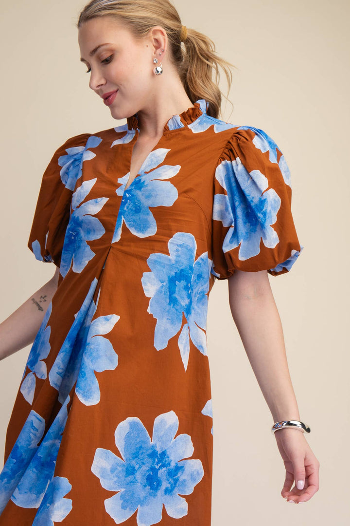 Lime Ruffle V-Neck Puff Sleeve Waist Pleated Midi Dress