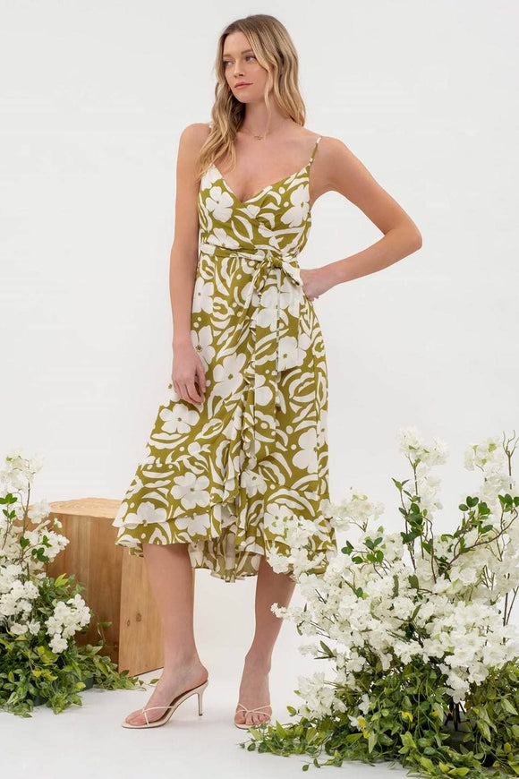 Women's Dresses - Floral Belt Wrap Midi Dress -  - Cultured Cloths Apparel