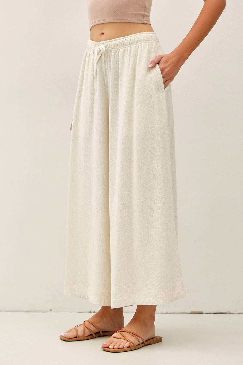 Pants - LINEN BLEND CROPPED PALAZZO PANTS - NATURAL - Cultured Cloths Apparel