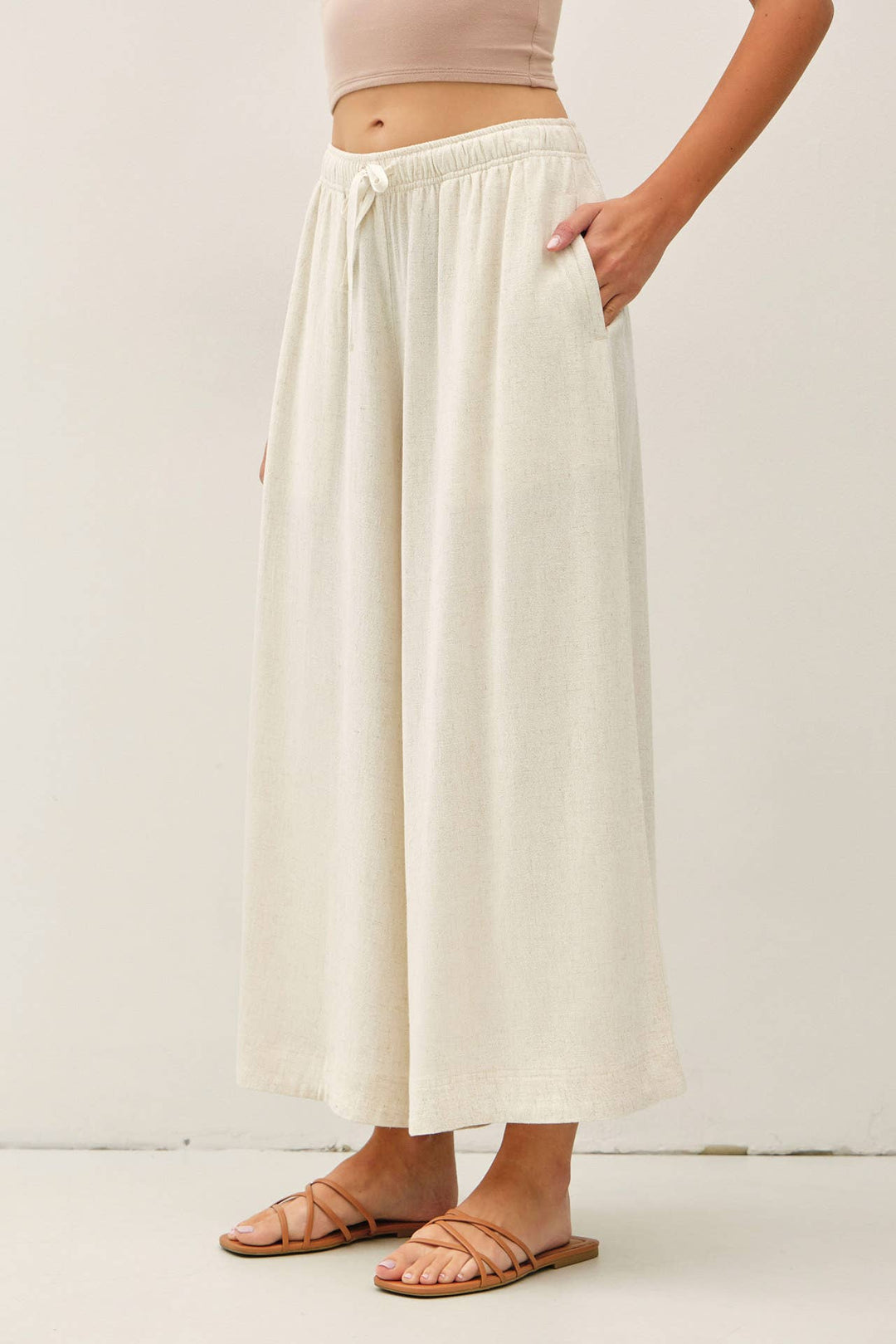 Pants - LINEN BLEND CROPPED PALAZZO PANTS - NATURAL - Cultured Cloths Apparel