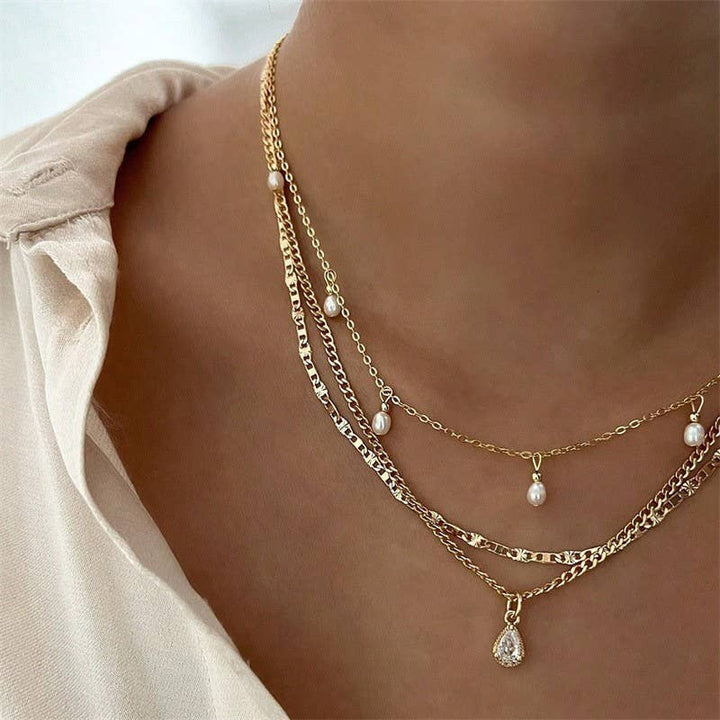 Accessories, Necklaces - MULTI LAYER STONE CHAIN TEARDROP CHARM NECKLACE | 40NK9637 - - Cultured Cloths Apparel