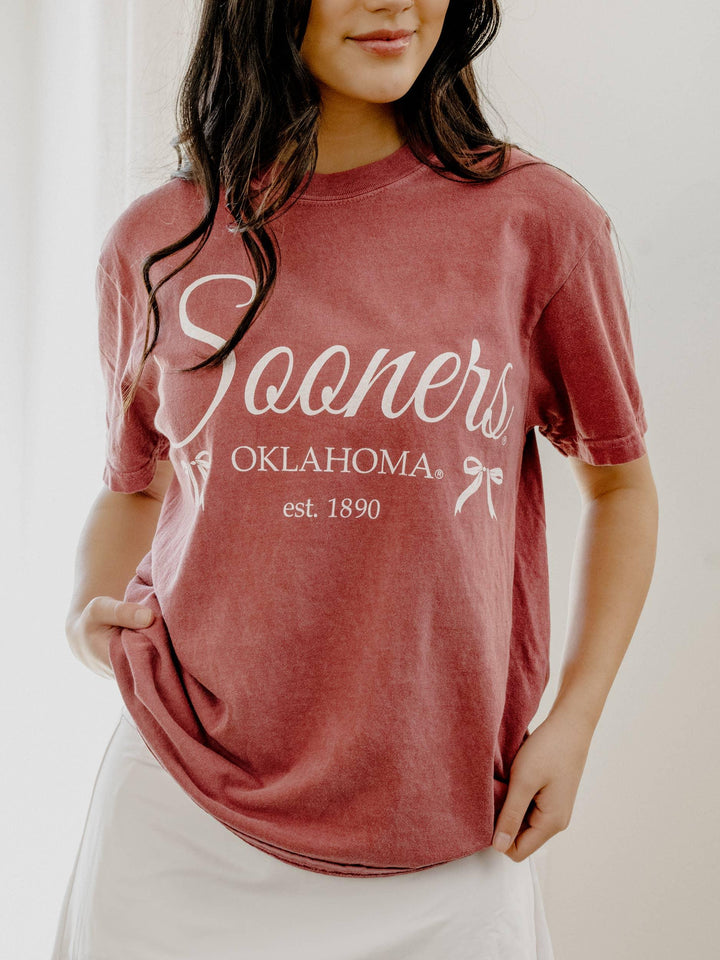 Graphic T-Shirts - OU Sooners Established Bows Crimson Comfort Colors Tee - S - Cultured Cloths Apparel