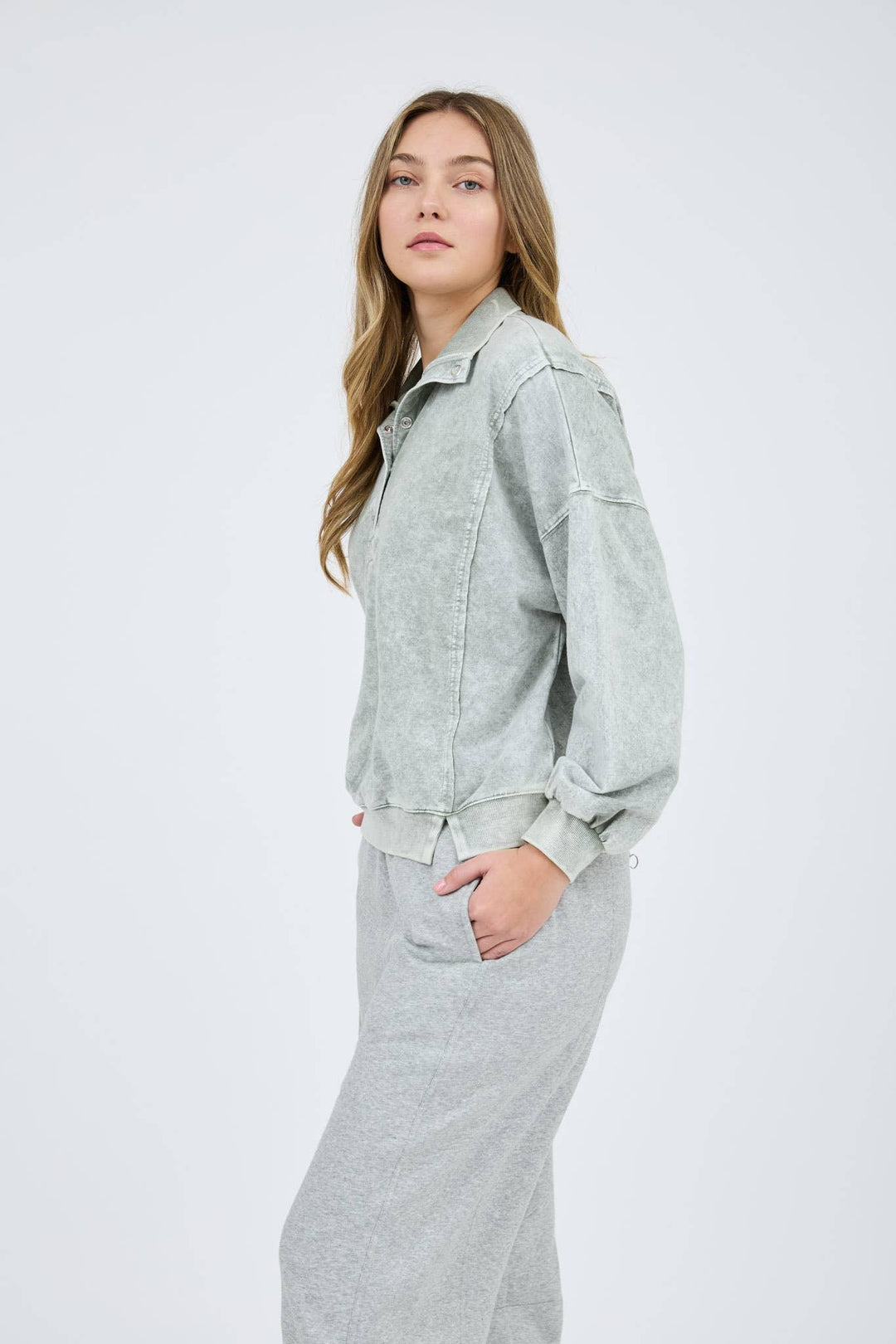 Women's Long Sleeve - WASHED HALF SNAP BUTTON LONG SLEEVE KNIT TOP - - Cultured Cloths Apparel