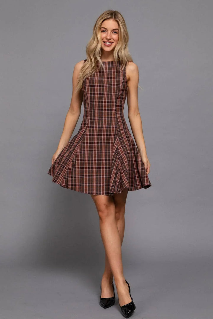 Women's Dresses - Sleeveless Boat Neck Swing Plaid Woven Mini Dress - - Cultured Cloths Apparel