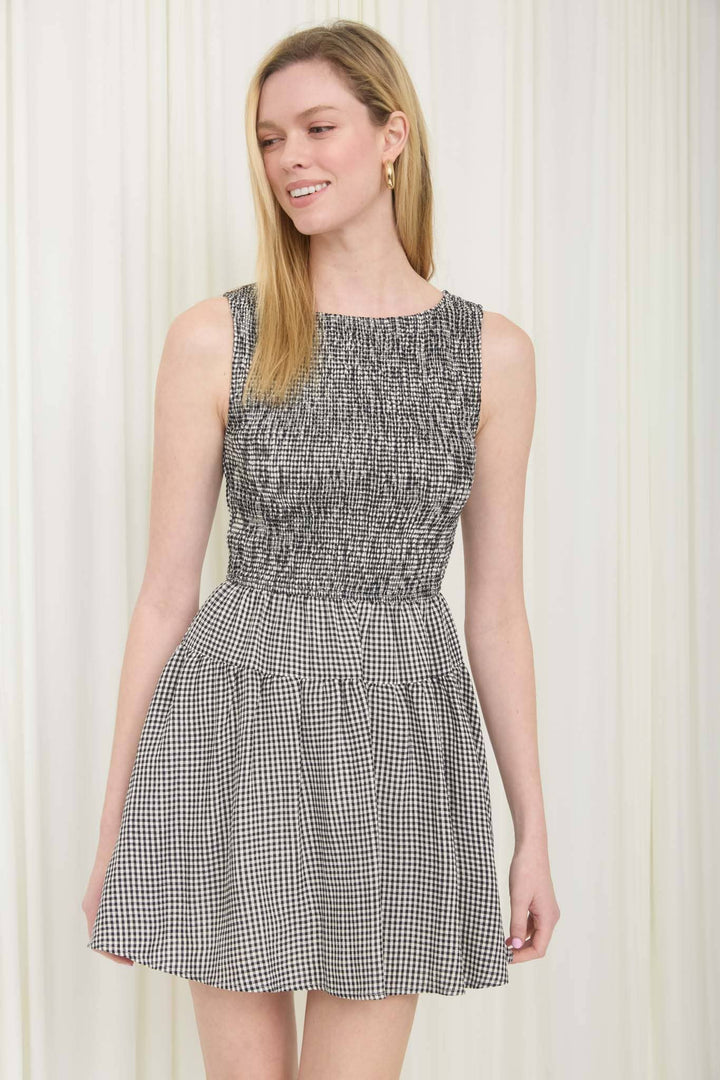 Dresses - GINGHAM SLEEVELESS SMOCKED MINI DRESS - - Cultured Cloths Apparel