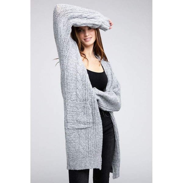 Outerwear - Twist Knitted Open Front Cardigan With Pockets - GREY - Cultured Cloths Apparel