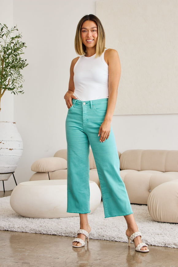 Denim - RFM Crop Chloe Full Size Tummy Control High Waist Raw Hem Jeans - Island Green - Cultured Cloths Apparel