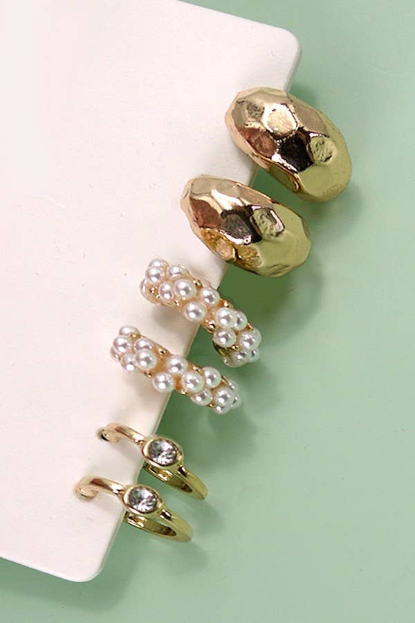 Accessories, Earrings - TRIO PEARL DIAMOND CUT HUGGIE HOOP EARRINGS | 80E3935 - Gold - Cultured Cloths Apparel